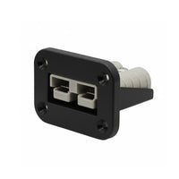 Angled front view of black flush mount panel with grey 50A Anderson plug installed