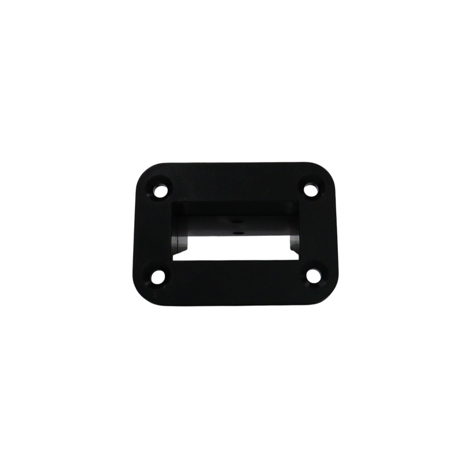 Front view of black flush mount Anderson plug panel with four pre-drilled mounting holes