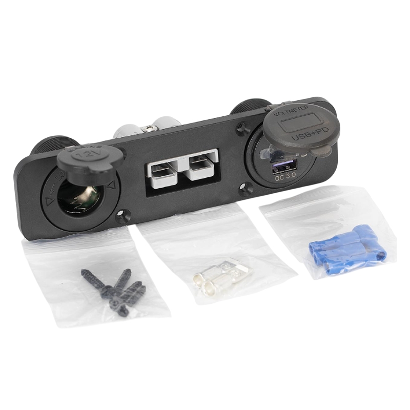 Flush mount panel kit with Anderson plug, 12V cigarette socket, USB ports and mounting hardware
