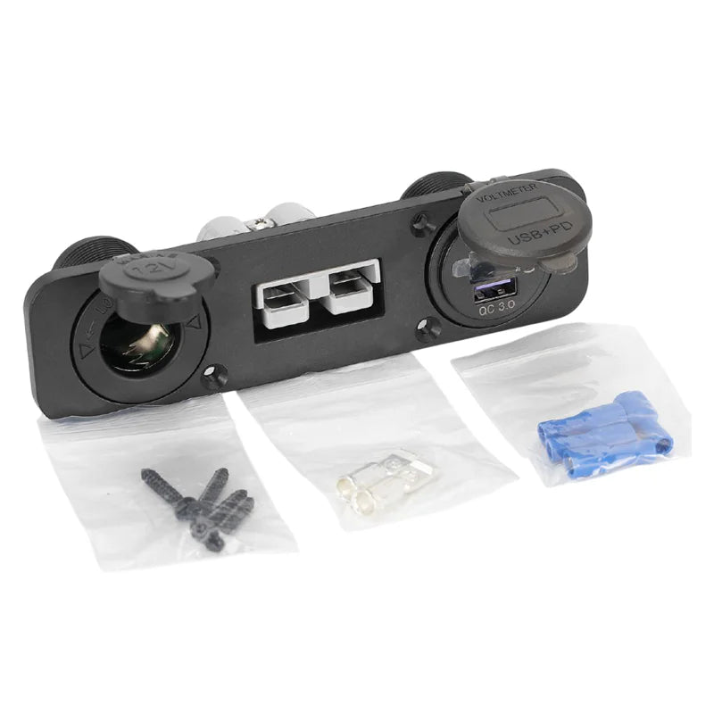 Flush mount panel kit with Anderson plug, 12V cigarette socket, USB ports and mounting hardware