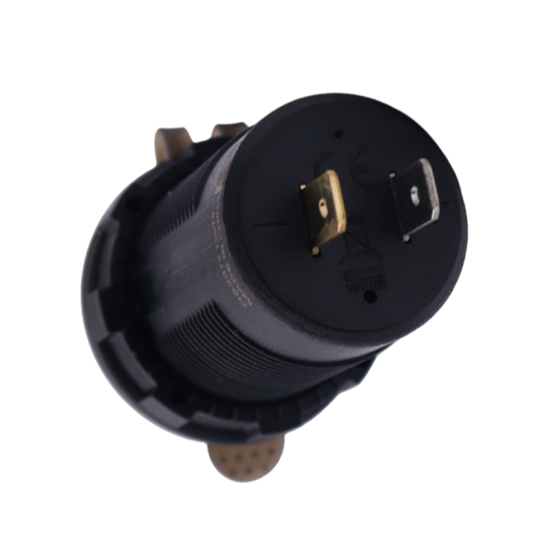 Rear view of socket housing showing two metallic spade terminal connections