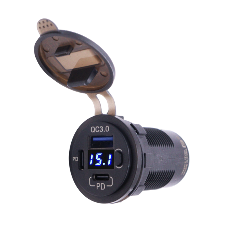 Flush mount socket with open lid showing QC3.0 USB-A port, digital voltmeter and USB-C PD port