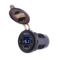 Flush mount socket with open lid showing QC3.0 USB-A port, digital voltmeter and USB-C PD port