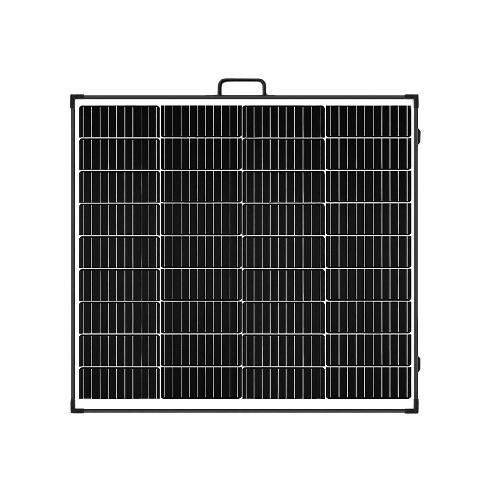 Front view of folded 200W solar panel with carry handle and latches