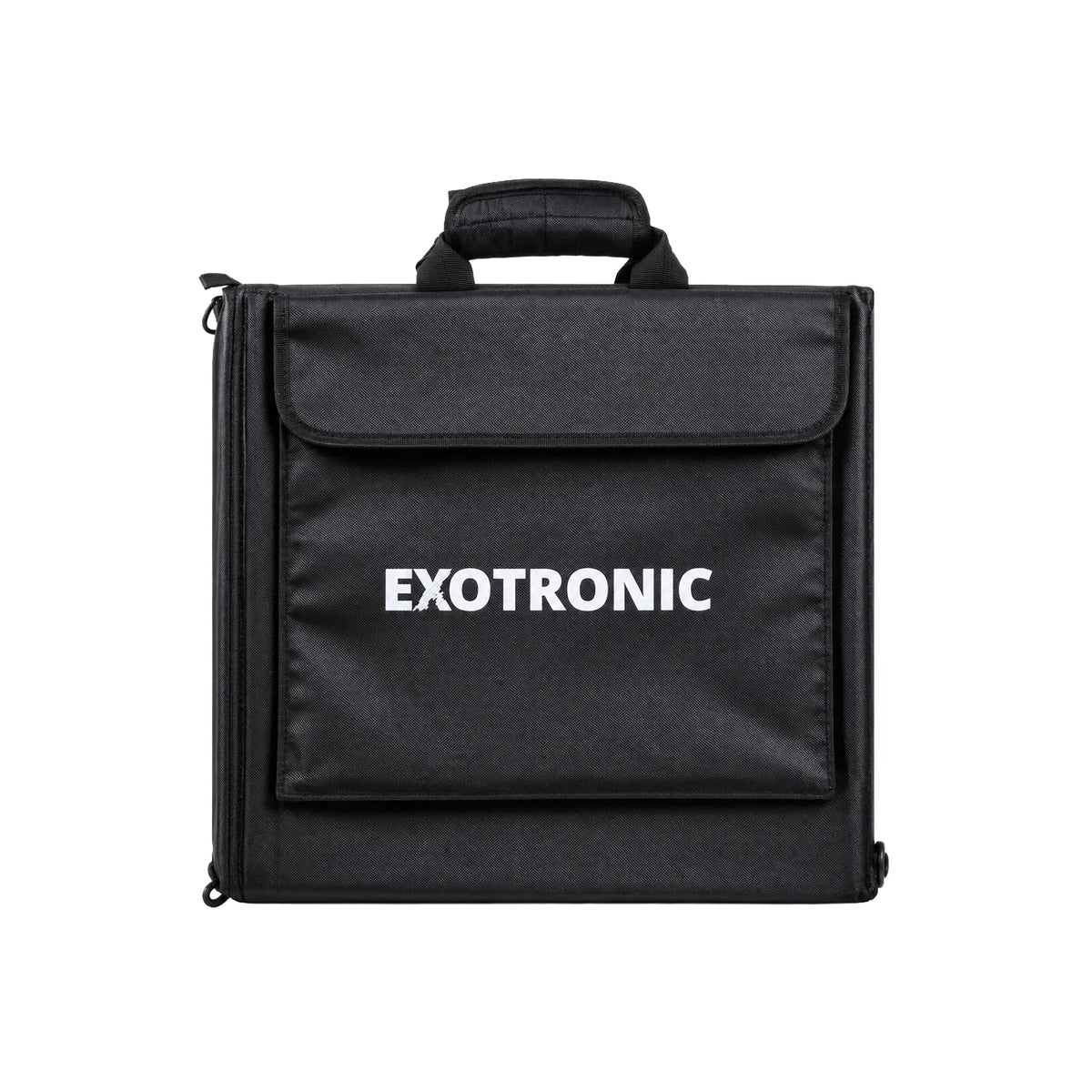 Front of folded Exotronic 300W solar blanket in black carry bag with handle