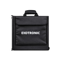 Front of folded Exotronic 300W solar blanket in black carry bag with handle