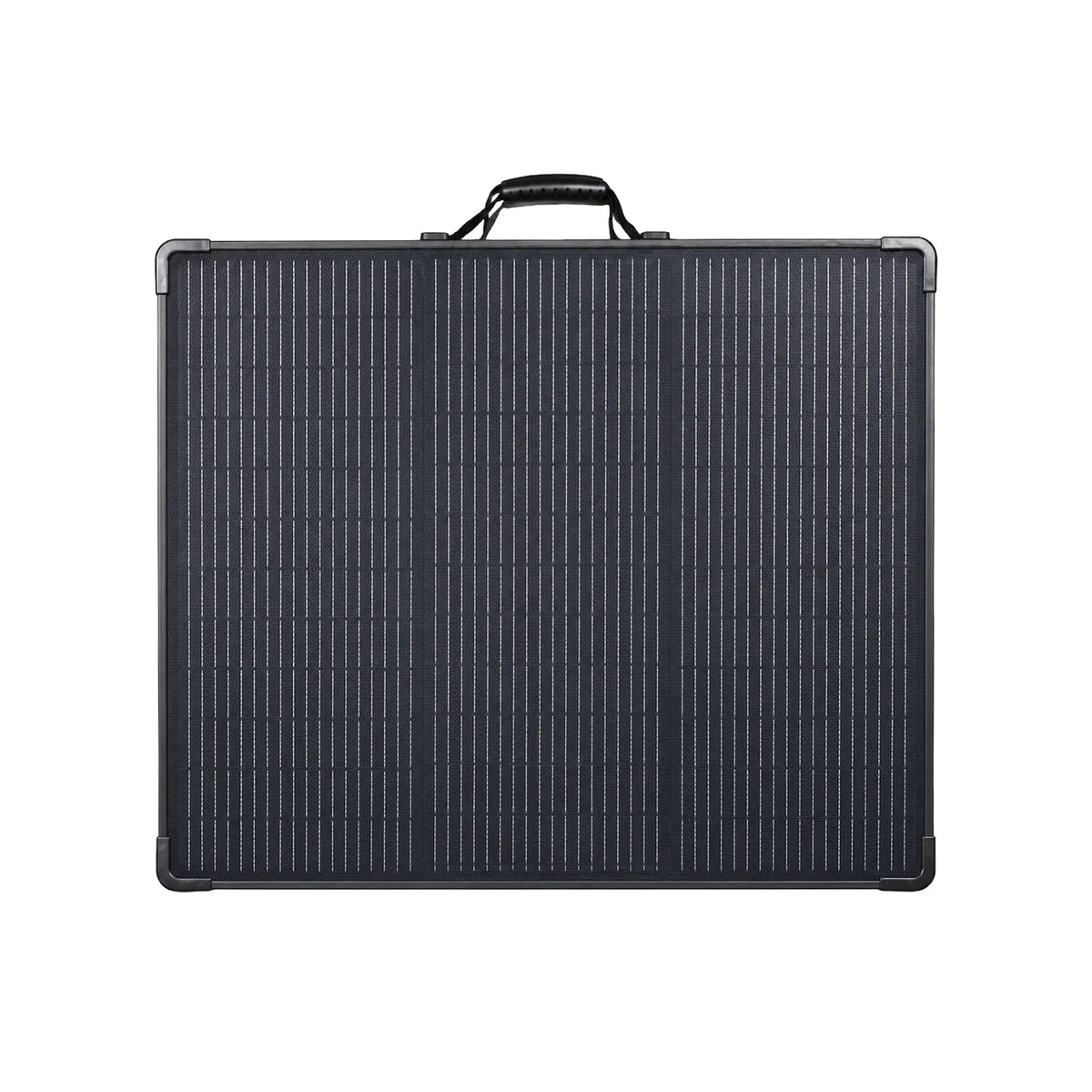 Front view of the folded 300W solar panel with handle and corner protection
