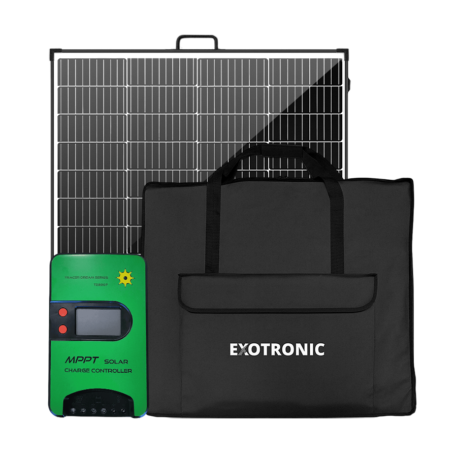 Portable solar panel kit with green MPPT controller and black carry bag