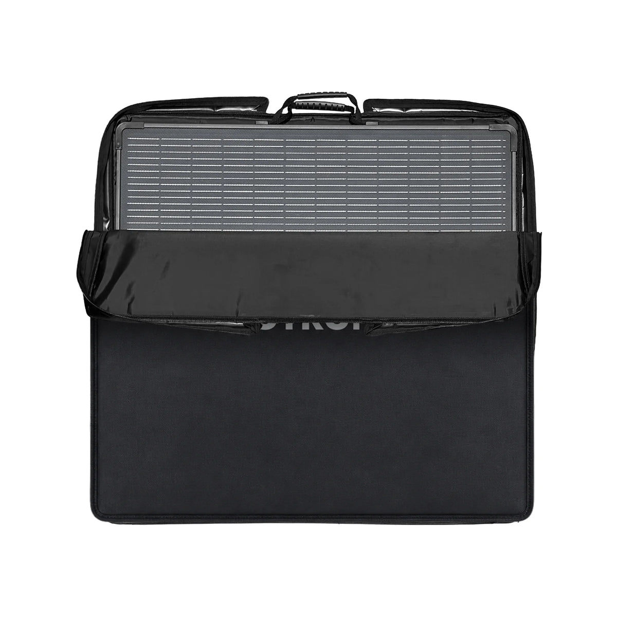 Close-up of a 200W folding solar panel being slid into a black padded protective carry bag