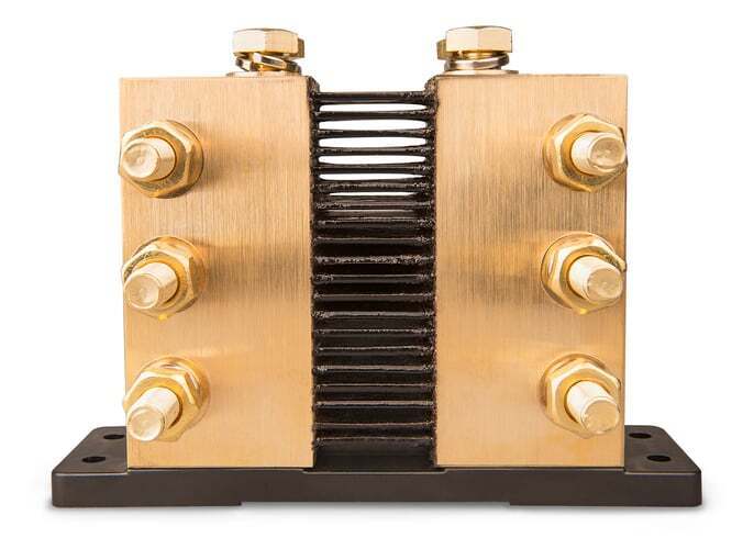Front view of 6000A 50mV DC shunt with parallel resistive elements and insulated base