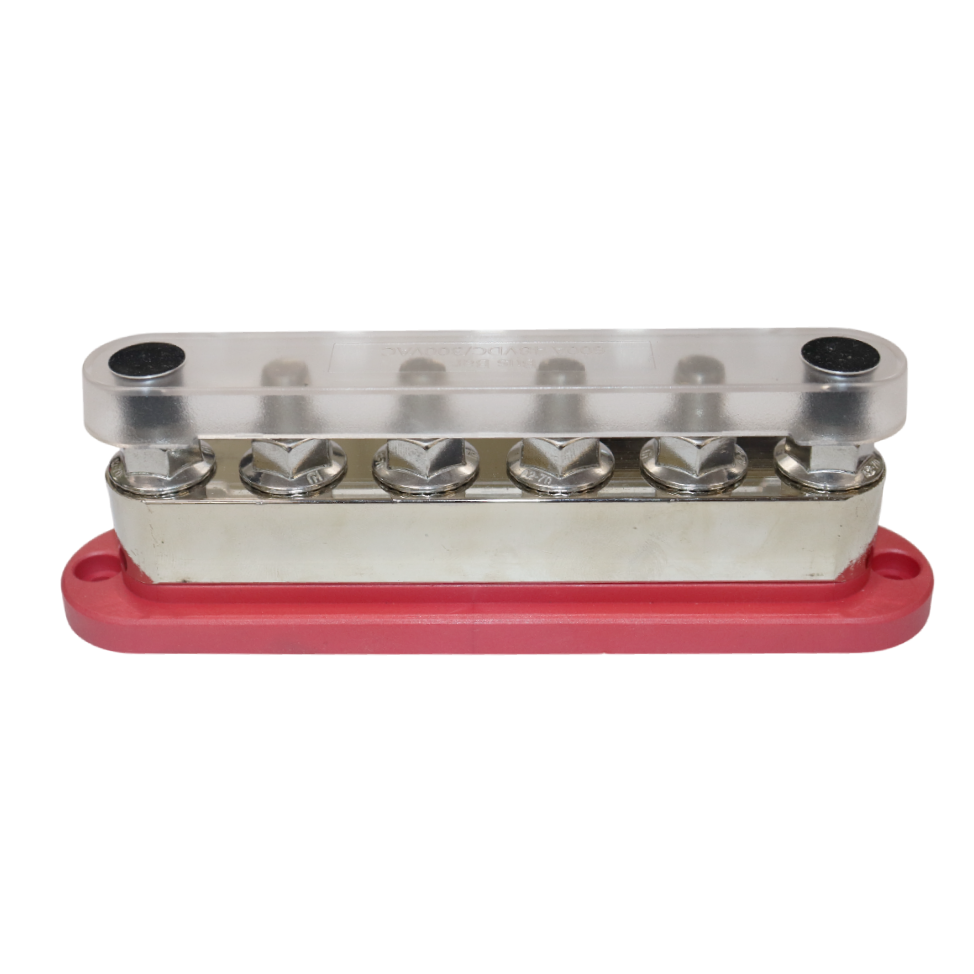 Front view of red busbar with clear cover installed showing voltage and amperage rating text