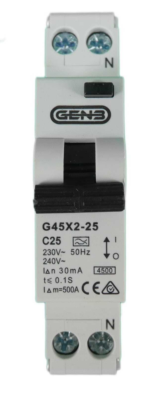 Front technical view of 25A RCBO circuit breaker showing terminals and test button