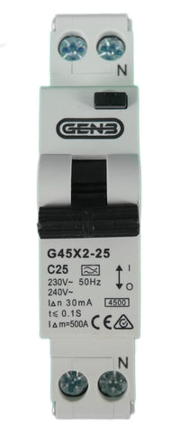 Front technical view of 25A RCBO circuit breaker showing terminals and test button