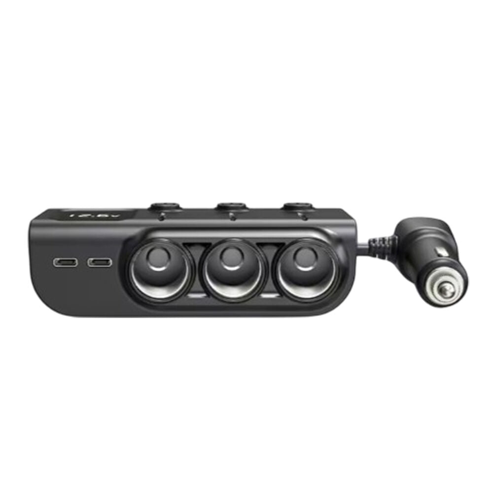 Front view showing three 12V sockets and two USB-C ports with cigarette lighter plug