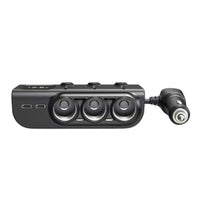 Front view showing three 12V sockets and two USB-C ports with cigarette lighter plug
