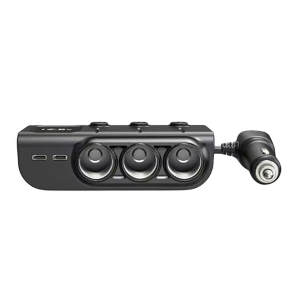 Front view showing three 12V sockets and two USB-C ports with cigarette lighter plug