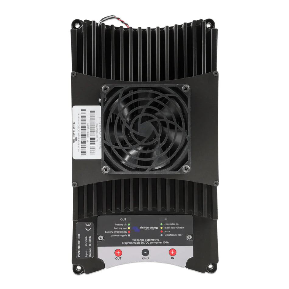 Front view of 100A DC-DC converter showing integrated cooling fan, heatsink fins and status indicators