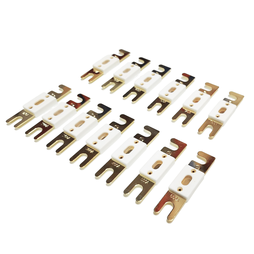 Collection of Exotronic ANL fuses arranged by amperage rating from 40A to 600A showing element sizes
