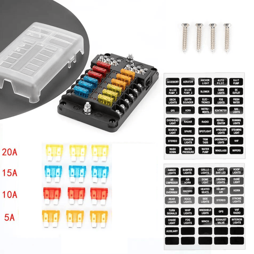 Kit contents including fuse block, clear cover, sticker labels, mounting screws and spare blade fuses