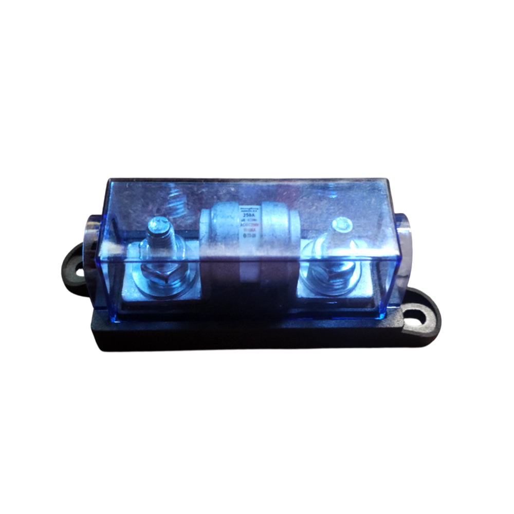 Side profile of fuse holder with installed 125A ceramic fuse and blue transparent protective cover