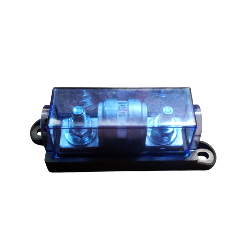 Side profile of fuse holder with installed 125A ceramic fuse and blue transparent protective cover