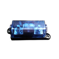 Side profile of fuse holder with installed ceramic fuse and blue transparent protective cover