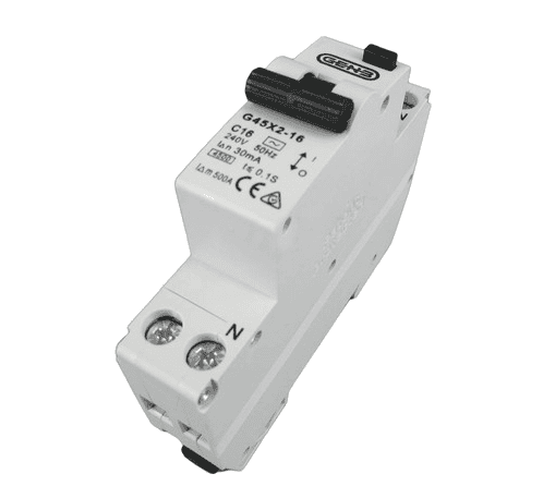 Angled side view of Gen3 16A RCBO safety switch showing compact single module casing and toggle