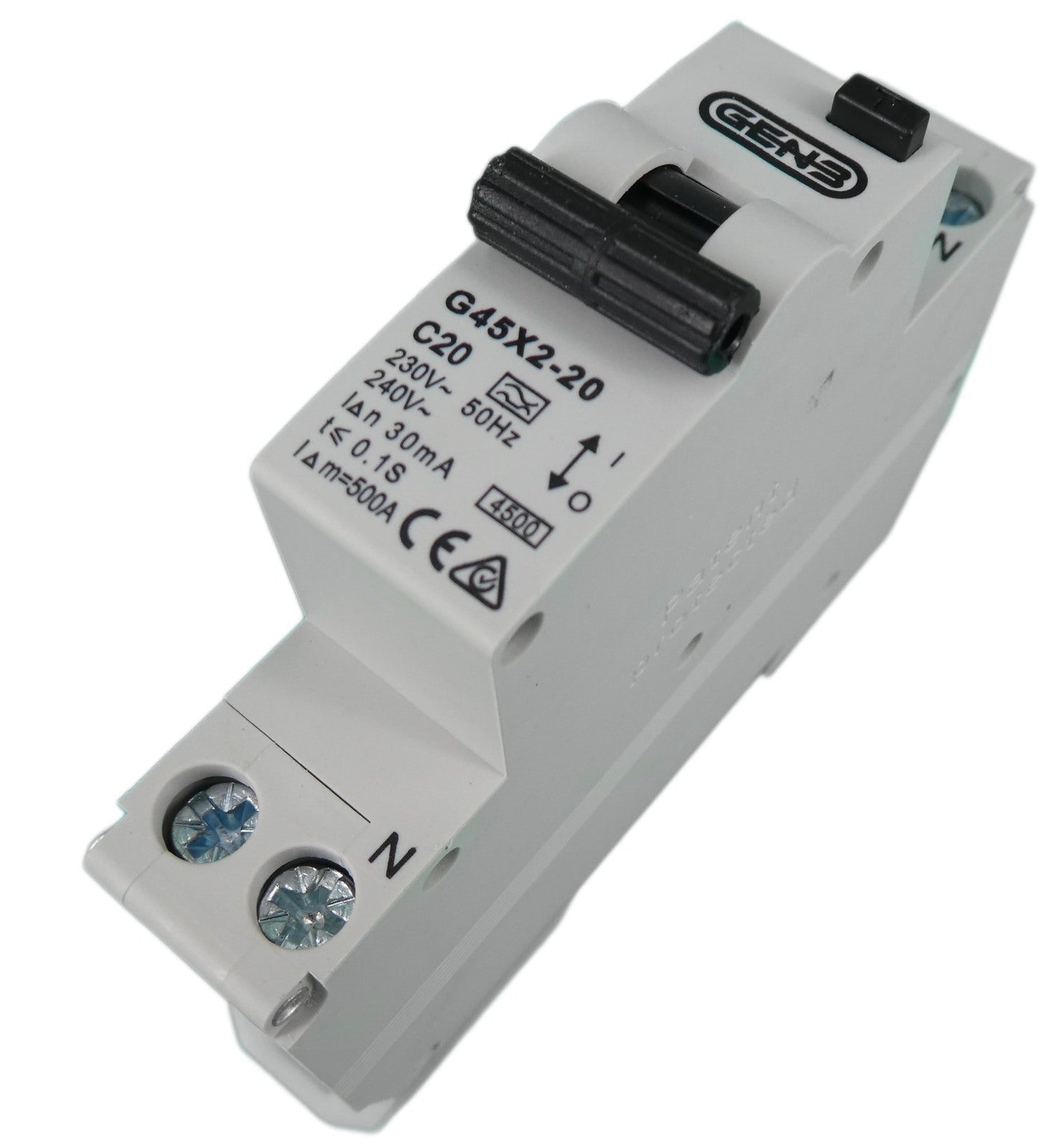 Angled view of 20A single module RCBO showing toggle switch, test button and C20 specification markings