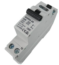 Angled view of 20A single module RCBO showing toggle switch, test button and C20 specification markings