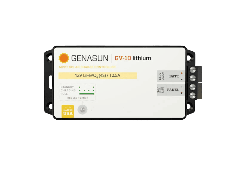 Top view of Genasun GV-10 Lithium MPPT solar charge controller showing terminals and LED status indicators