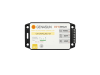 Top-down view of Genasun GV-5 12V lithium solar controller showing labels and mounting holes
