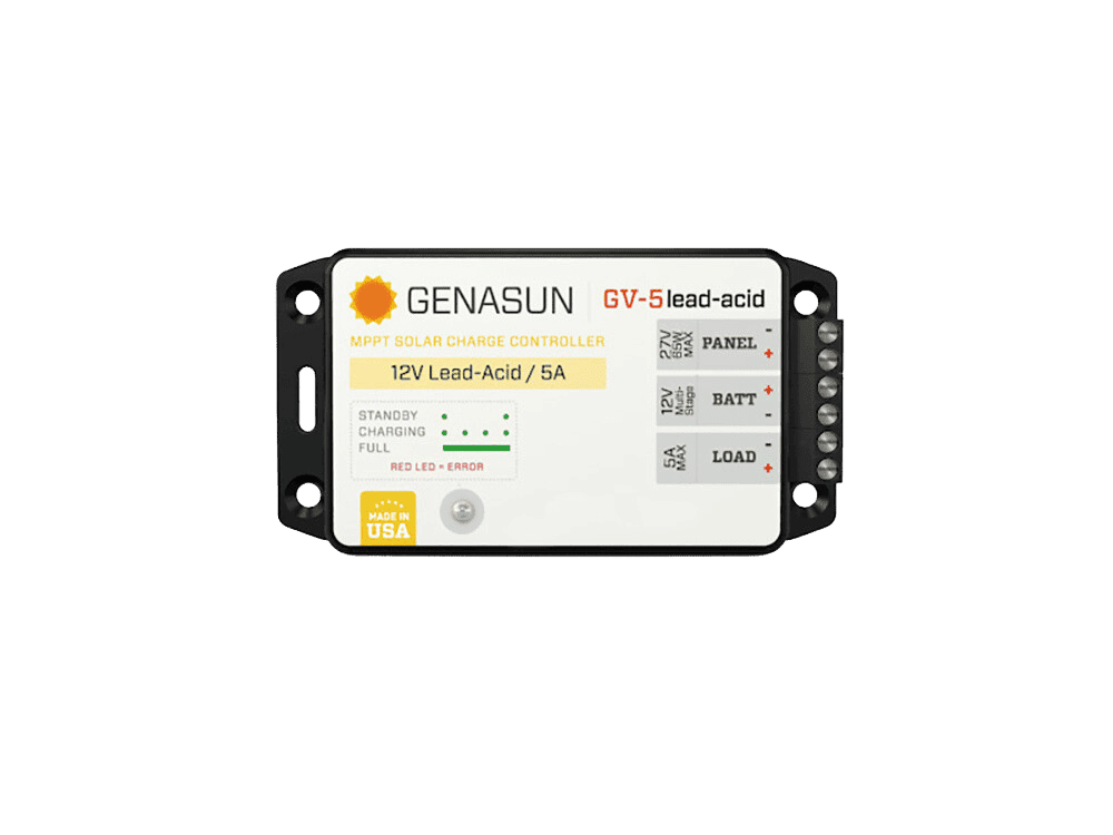 Top-down view of Genasun GV-5-Pb-12V MPPT solar charge controller faceplate