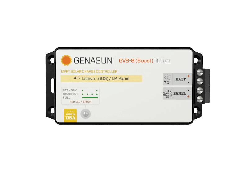 Top view of Genasun GVB-8 lithium MPPT solar charge controller showing LED indicators and terminals