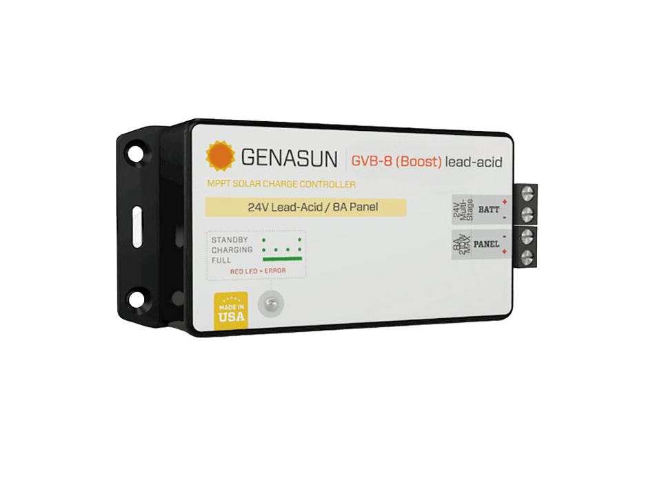 Angled view of Genasun 8A MPPT controller showing compact black housing and mounting flanges
