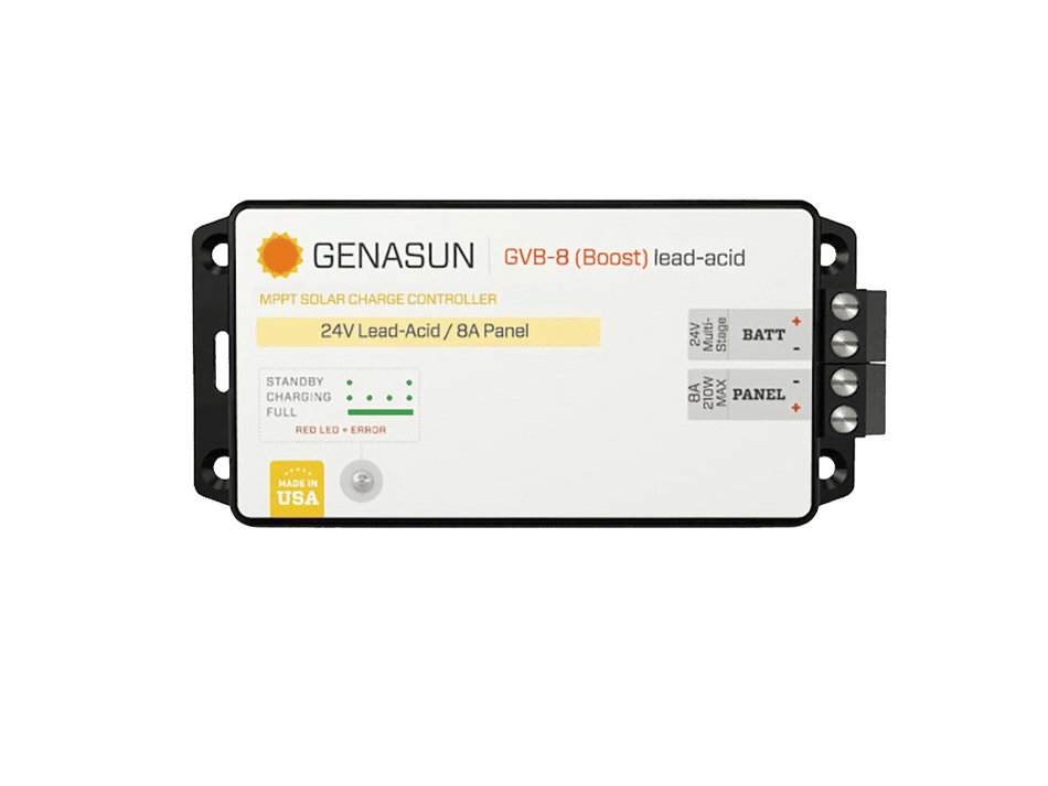 Top-down view of Genasun GVB-8-Pb-24V MPPT boost solar charge controller showing terminals and LED indicators