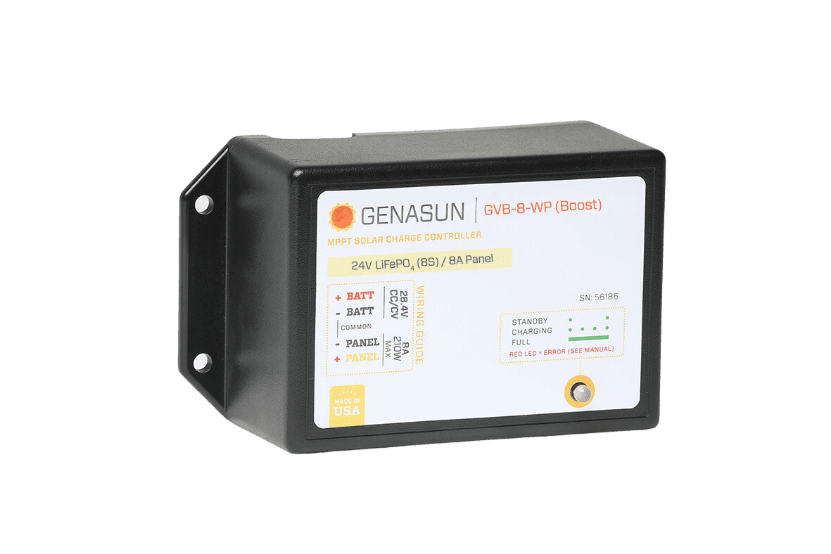 Angled view of Genasun solar charge controller showing label with wiring guide and LED status