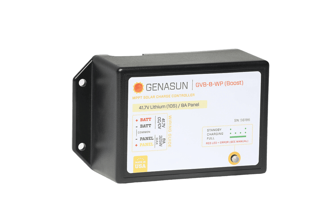 Angled view of Genasun waterproof MPPT solar charge controller showing wiring guide and status LED
