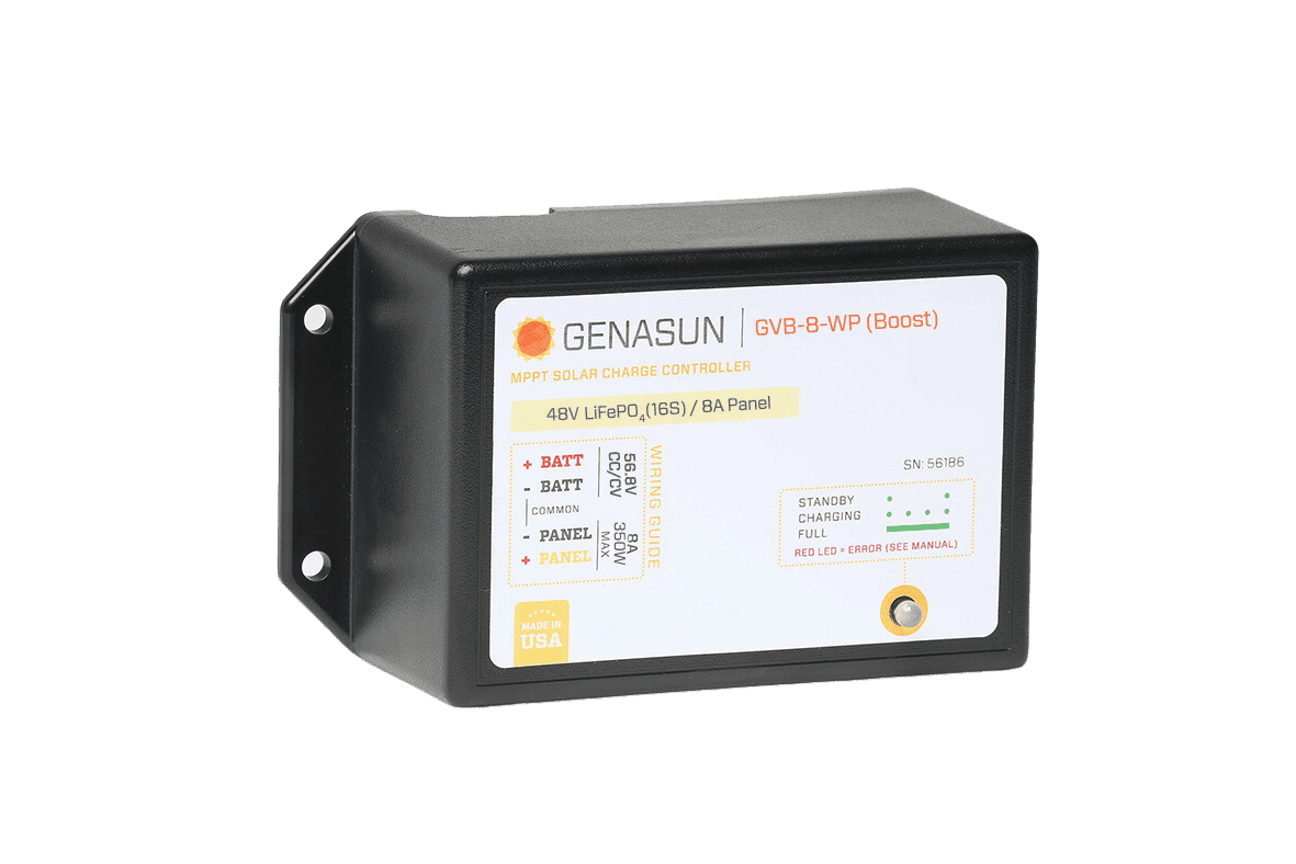 Angled view of Genasun GVB-8-WP Boost MPPT solar charge controller showing wiring label and LED
