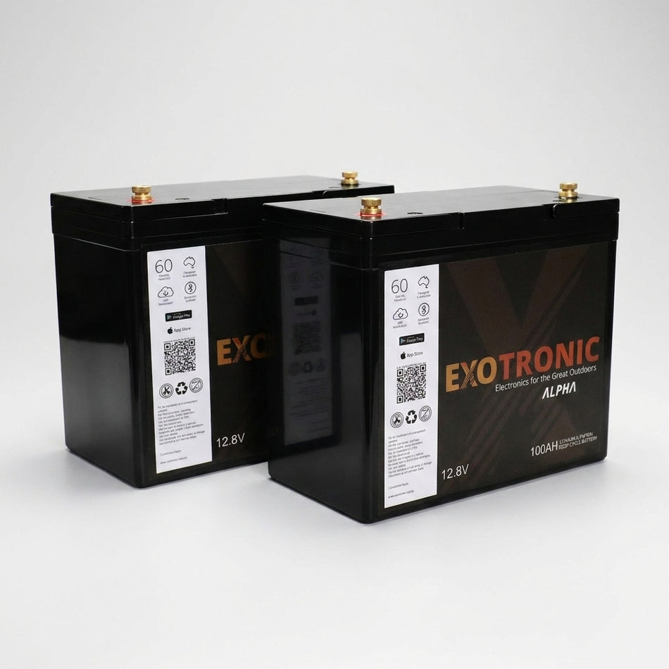 Twin Pack Exotronic 12V 100Ah Alpha IP67 Smart Bluetooth Lithium Batteries