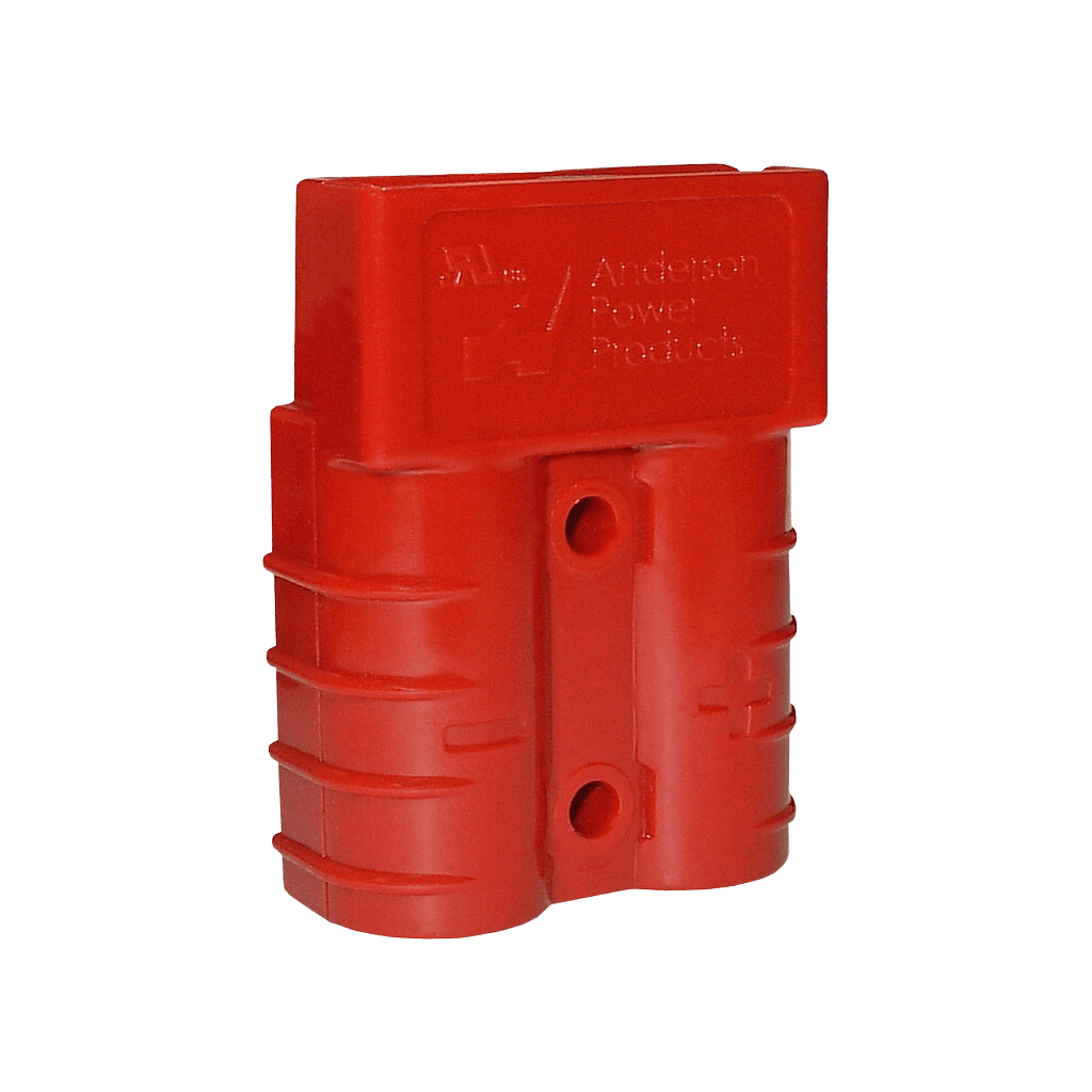 Upright red Anderson plug housing showing logo and mounting holes