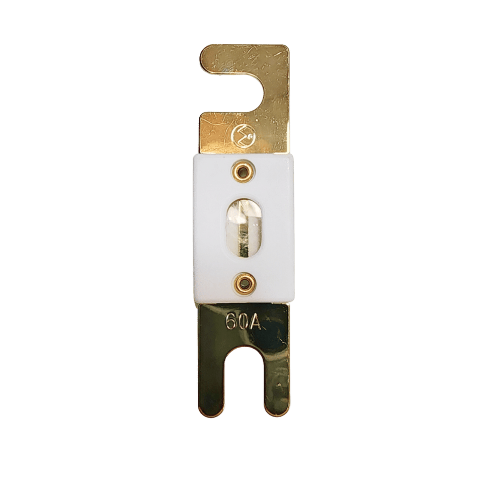 Front view of 60A ANL fuse with gold-plated terminals and ceramic housing