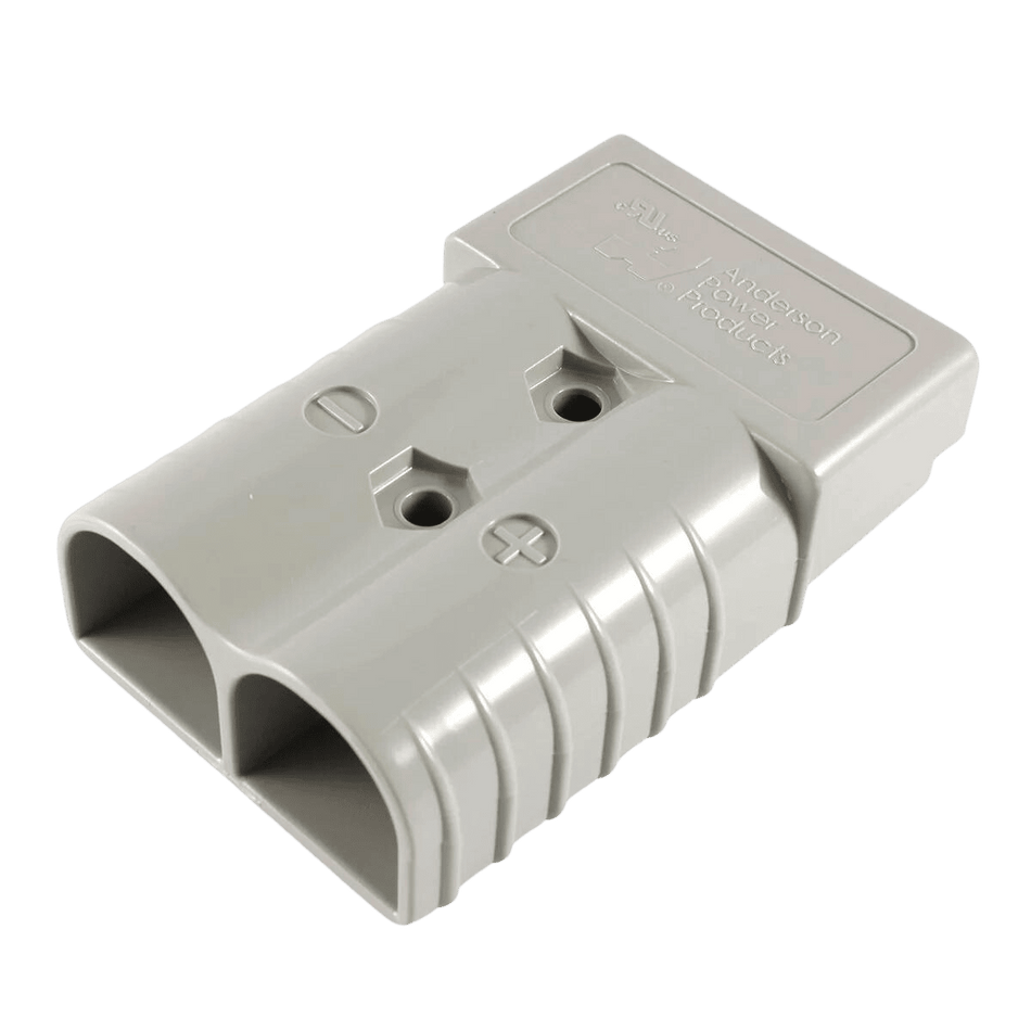 Grey Anderson SB175 housing showing mounting holes and polarity markings