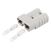 Grey 50A Anderson plug housing shown with two silver 6AWG contacts