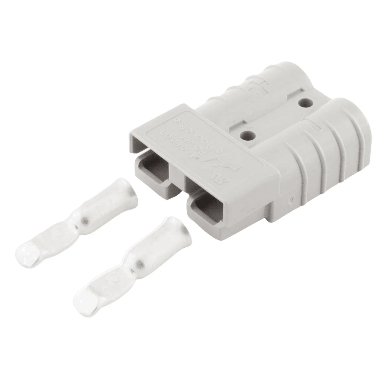 Grey 50A Anderson plug housing shown with two silver 6AWG contacts