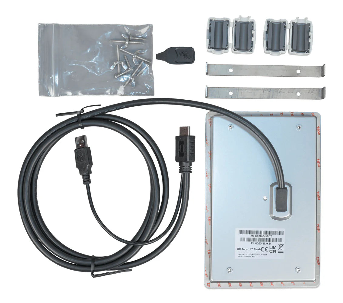 Rear view of GX Touch 50 display with mounting kit including brackets screws and ferrites