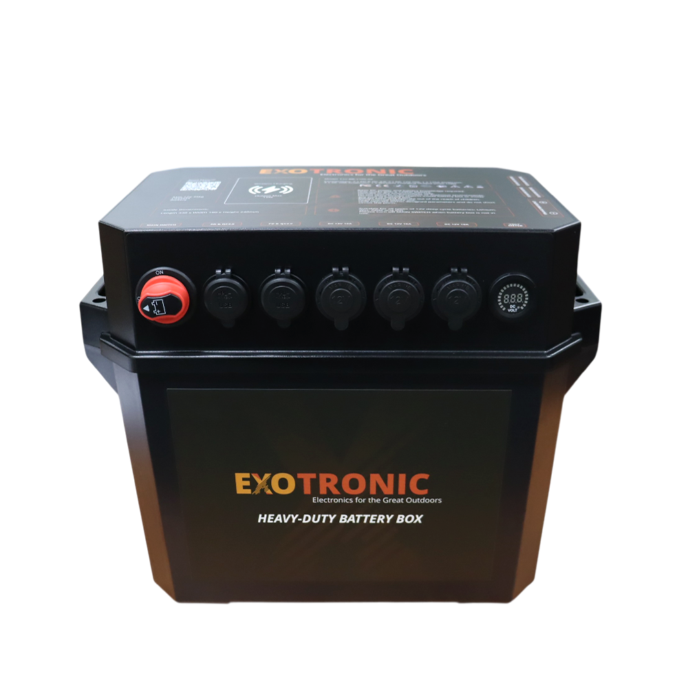 Front view of black battery box with red master switch, digital voltage display, USB ports, and 12V sockets