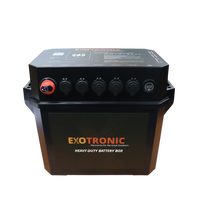 Front view of black battery box with red master switch, digital voltage display, USB ports, and 12V sockets