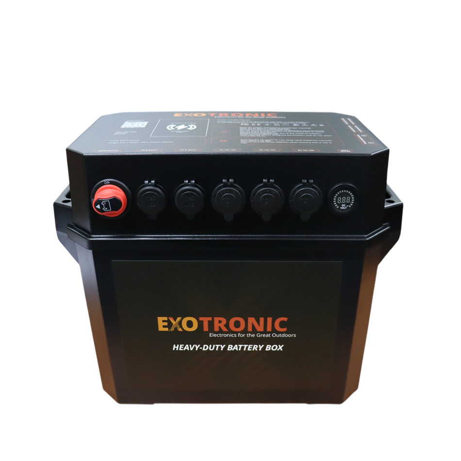 Front view of black battery box with red master switch, digital voltage display, USB ports, and 12V sockets