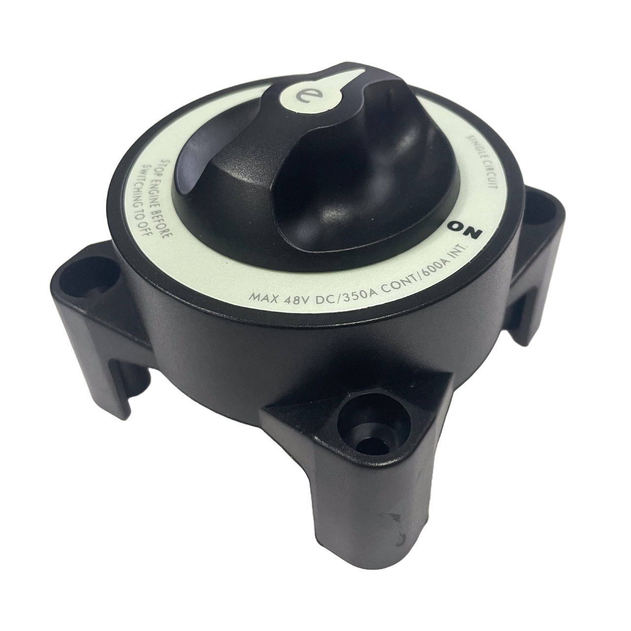 Isometric view of black battery isolator switch showing robust housing and mounting feet