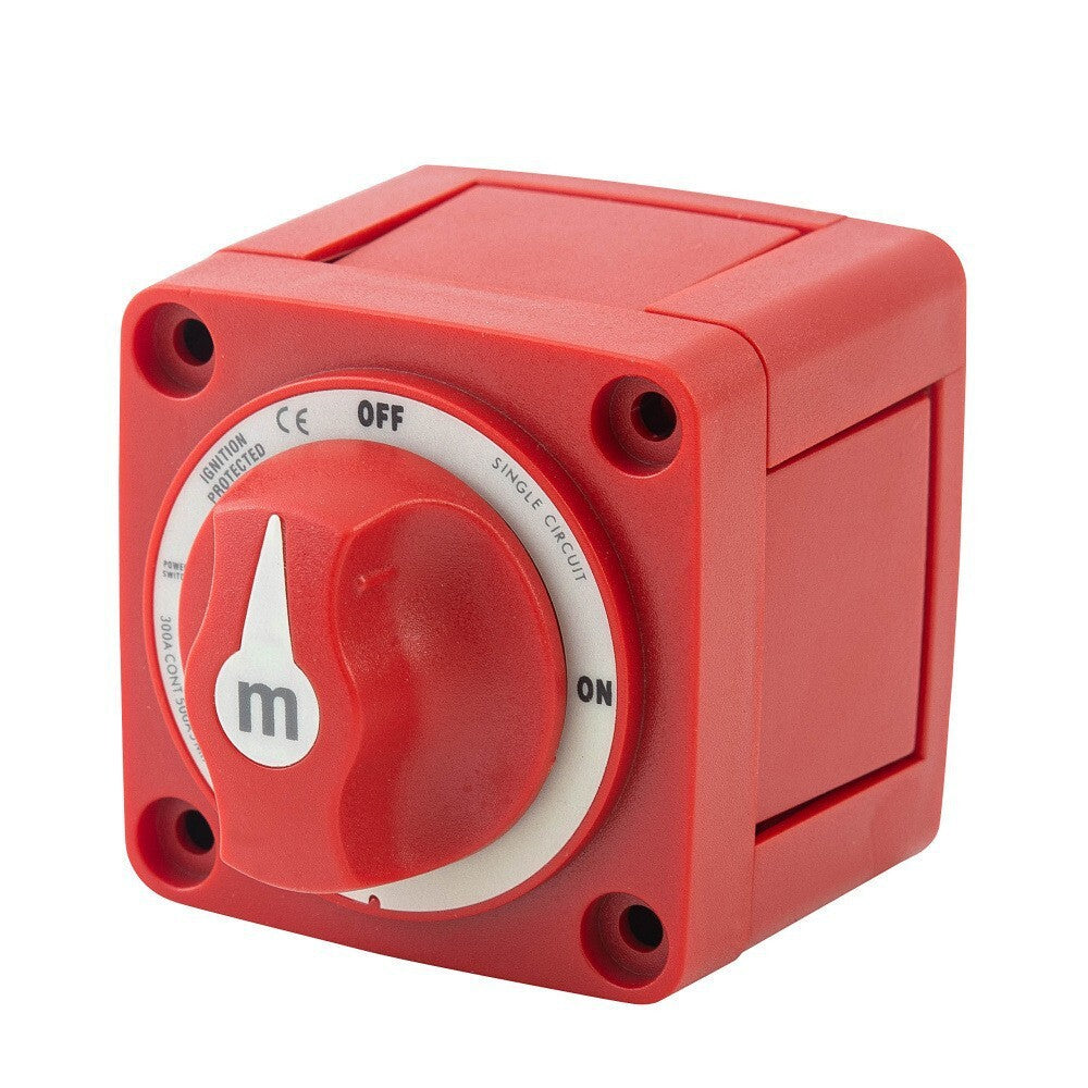 Angled view of 300A battery switch showing robust red housing and side profile